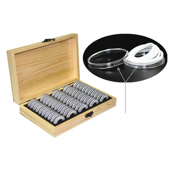 Ξύλινο κουτί αποθήκευσης νομισματών με κυκλική κάψουλα, φυσικό ξύλο, μοντέλο 5.26, χαρακτική, εκτυπωμένο λογότυπο