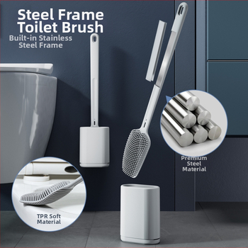 Nerūdijančio plieno tualeto šepetėlių rinkinys su baze ir sieniniu tvirtinimu, pasiekia kiekvieną kampą, svoris 315,5 g