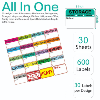 Mammoth PVC αυτοκόλλητες ετικέτες κιβωτίων μετακόμισης, τετράγωνες, 600 τεμάχια