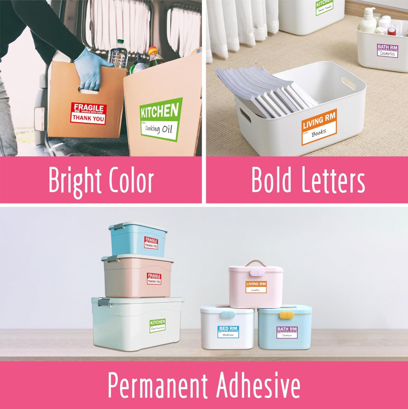 Etichetă autoadezivă lucioasă, dreptunghiulară, pentru gestionarea depozitului; imprimare în patru culori; grosime 0,01 mm; rezistență la temperaturi până la 78°C