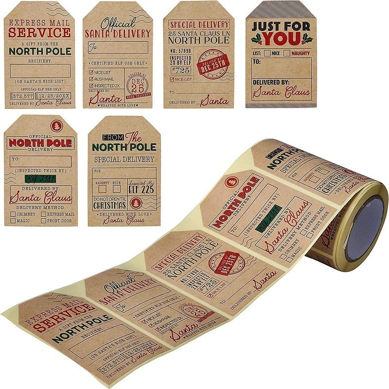 Role autocolante din hârtie kraft, formă neregulată, 200 buc., model 125A-KP247, personalizare disponibilă, temă Crăciun