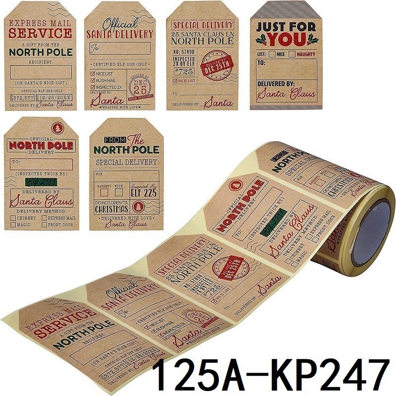 Role autocolante din hârtie kraft, formă neregulată, 200 buc., model 125A-KP247, personalizare disponibilă, temă Crăciun