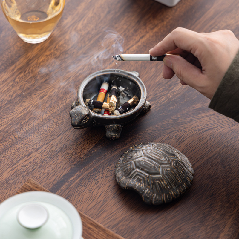 Κεραμικό τασάκι με καπάκι – διακόσμηση με χελώνα μακροζωίας (tea pet) για γραφείο ή σαλόνι, κινεζικό παραδοσιακό στυλ