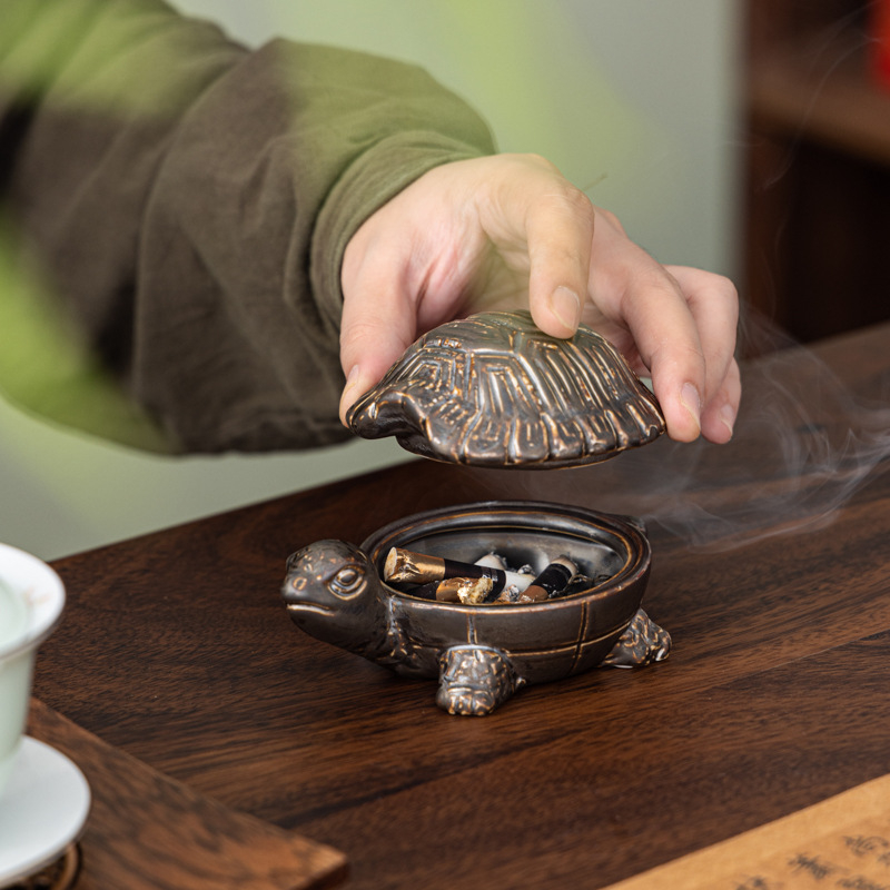 Keramický popolník s viečkom – dlhoveká korytnačka, dekor do kancelárie alebo obývačky, tradičný čínsky štýl