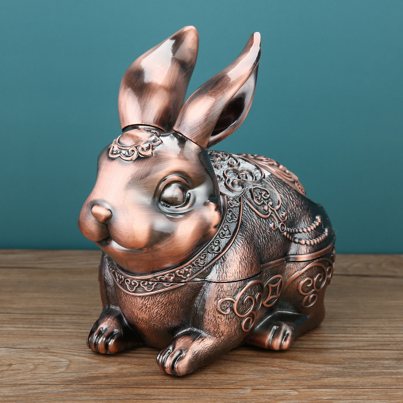 Τασάκι με καπάκι, μεταλλικό, φιγούρα λαγουδάκι, ευρωπαϊκό στυλ ρετρό πολυτελεία, με χώρο αποθήκευσης