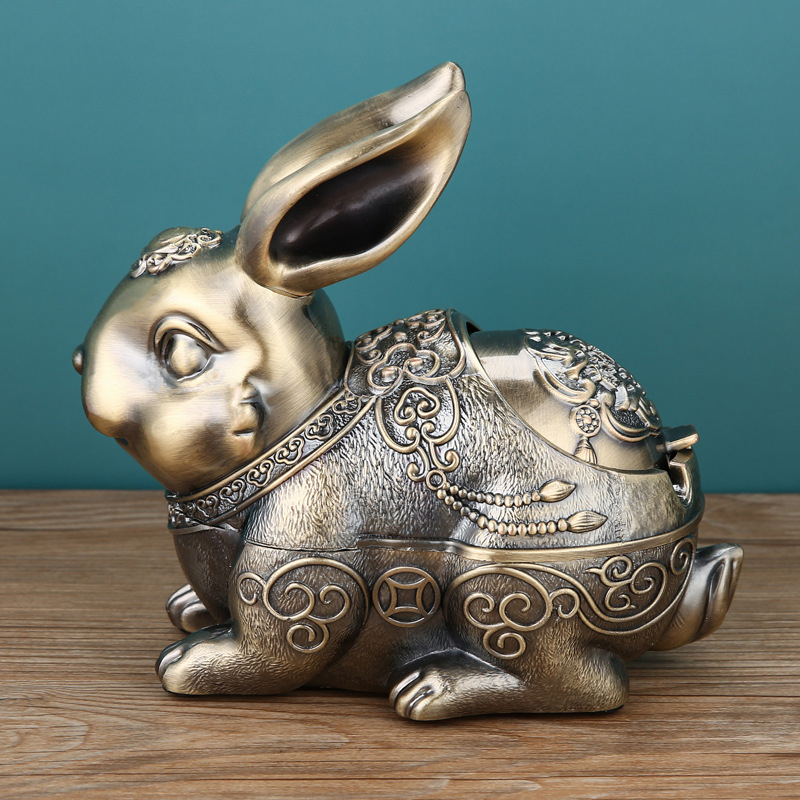 Τασάκι με καπάκι, μεταλλικό, φιγούρα λαγουδάκι, ευρωπαϊκό στυλ ρετρό πολυτελεία, με χώρο αποθήκευσης