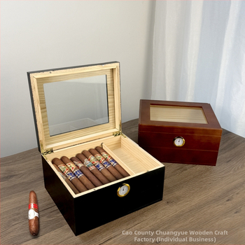 Ξύλινο κουτί πούρων με καπάκι-ανατροπή, διπλό επίπεδο αποθήκευσης, επιτραπέζιο σχέδιο με διαφανές καπάκι και θερμόμετρο