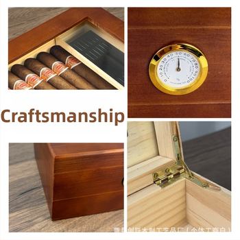 Ξύλινο κουτί πούρων με καπάκι-ανατροπή, διπλό επίπεδο αποθήκευσης, επιτραπέζιο σχέδιο με διαφανές καπάκι και θερμόμετρο