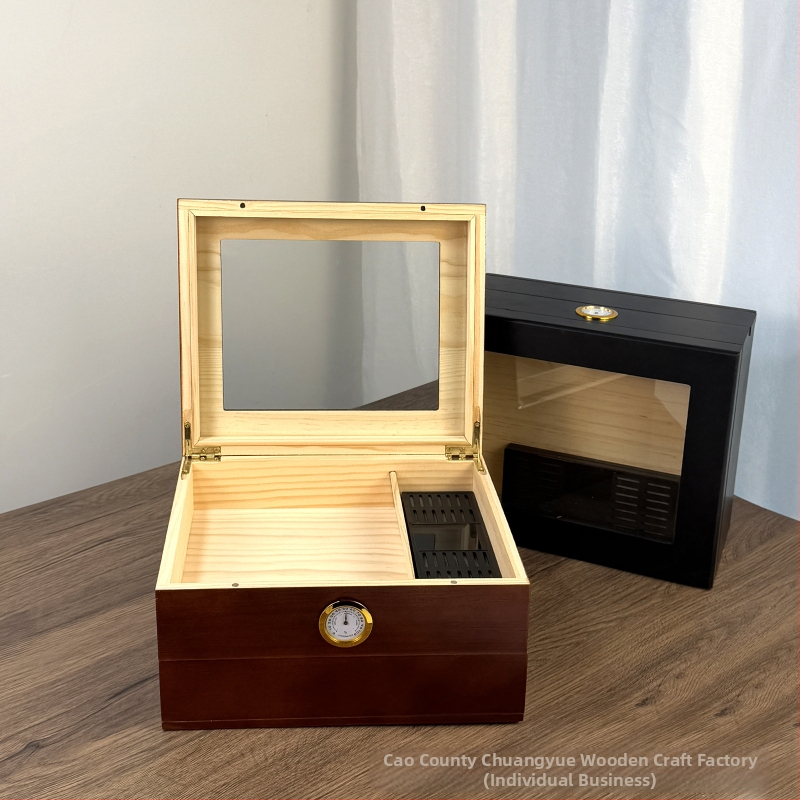 Koka cigāru kārba ar flip-top vāku, divstāvu uzglabāšana, galda dizains, caurspīdīgs vāciņš un termometrs