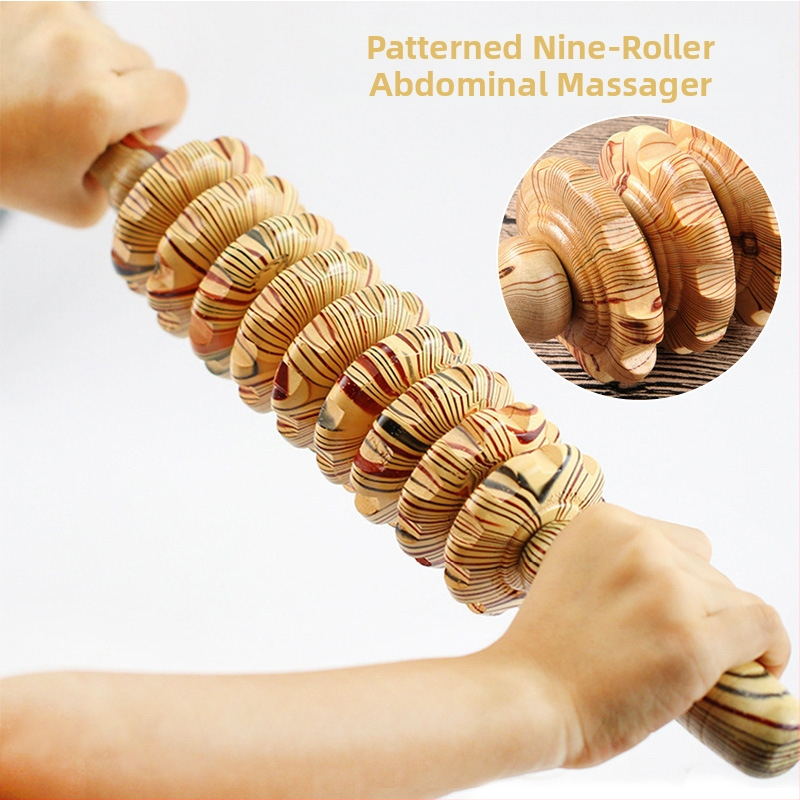 Medinis devynių ratukų masažuoklis visam kūnui, mechaninis valdymas, be elektros tiekimo, nuolatos reguliuojama greitis, 1 konveksinė apvali masavimo galvutė, tinka kaklui, nugarai, juosmeniui, kojoms, sėdmenims ir pėdoms