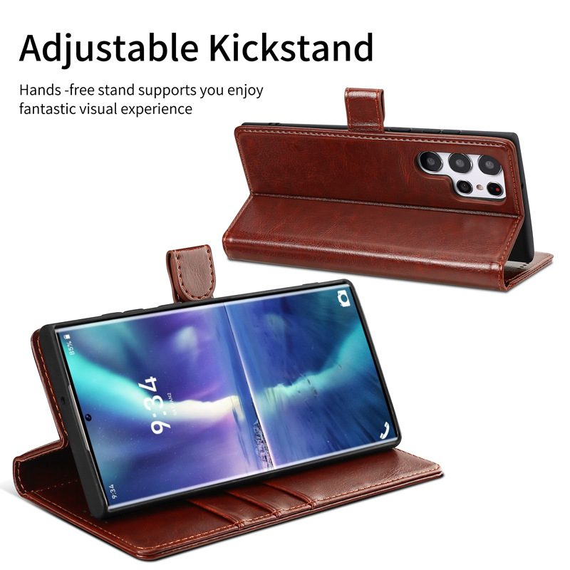 Husă din piele cu clapă și suport pentru iPhone 15/16 și Samsung S23U/S25; piele importată de înaltă calitate + TPU; prelucrare mecanică; suport pentru personalizare; protecție anti-cădere