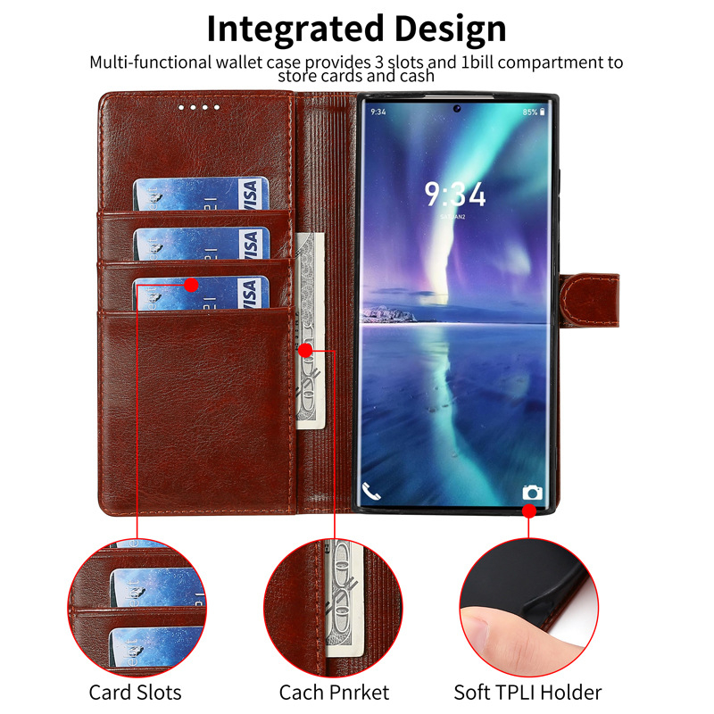 Husă din piele cu clapă și suport pentru iPhone 15/16 și Samsung S23U/S25; piele importată de înaltă calitate + TPU; prelucrare mecanică; suport pentru personalizare; protecție anti-cădere