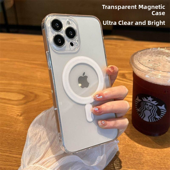 Skaidrus minimalistinis magnetinis telefono dėklas, TPU + akrilas, atsparus kritimams, suderinamas su iPhone 11–14 serijai