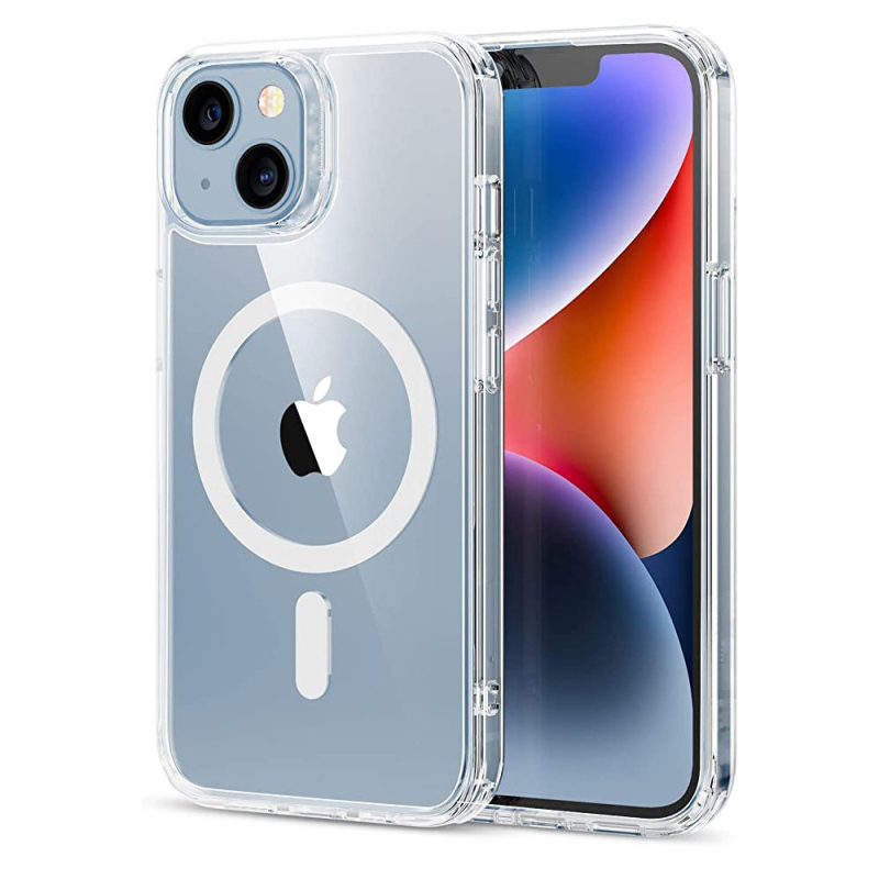 Skaidrus minimalistinis magnetinis telefono dėklas, TPU + akrilas, atsparus kritimams, suderinamas su iPhone 11–14 serijai