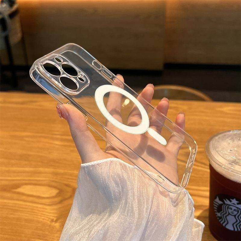 Skaidrus minimalistinis magnetinis telefono dėklas, TPU + akrilas, atsparus kritimams, suderinamas su iPhone 11–14 serijai