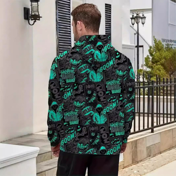 Худи с качулка за мъже, 3D принт графити, свободна кройка, полиестер 96%+, 200g въздушен слой, дълги ръкави, джоб с три измерения