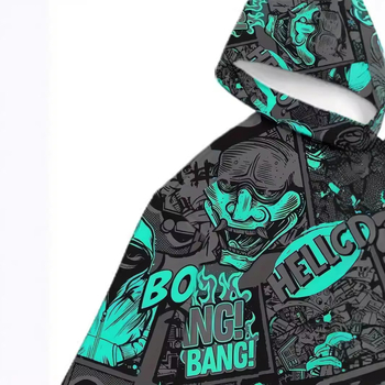 Худи с качулка за мъже, 3D принт графити, свободна кройка, полиестер 96%+, 200g въздушен слой, дълги ръкави, джоб с три измерения