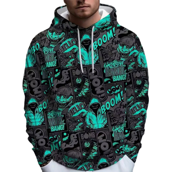 Худи с качулка за мъже, 3D принт графити, свободна кройка, полиестер 96%+, 200g въздушен слой, дълги ръкави, джоб с три измерения