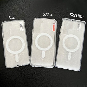 MagSafe dėklas Samsung S23/S22 Ultra, 2-in-1 akrilas+TPU, atsparus kritimui, skaidrus, su reljefu