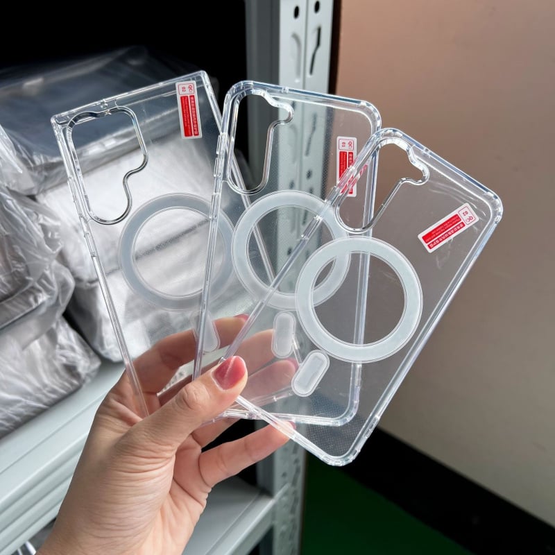 MagSafe dėklas Samsung S23/S22 Ultra, 2-in-1 akrilas+TPU, atsparus kritimui, skaidrus, su reljefu