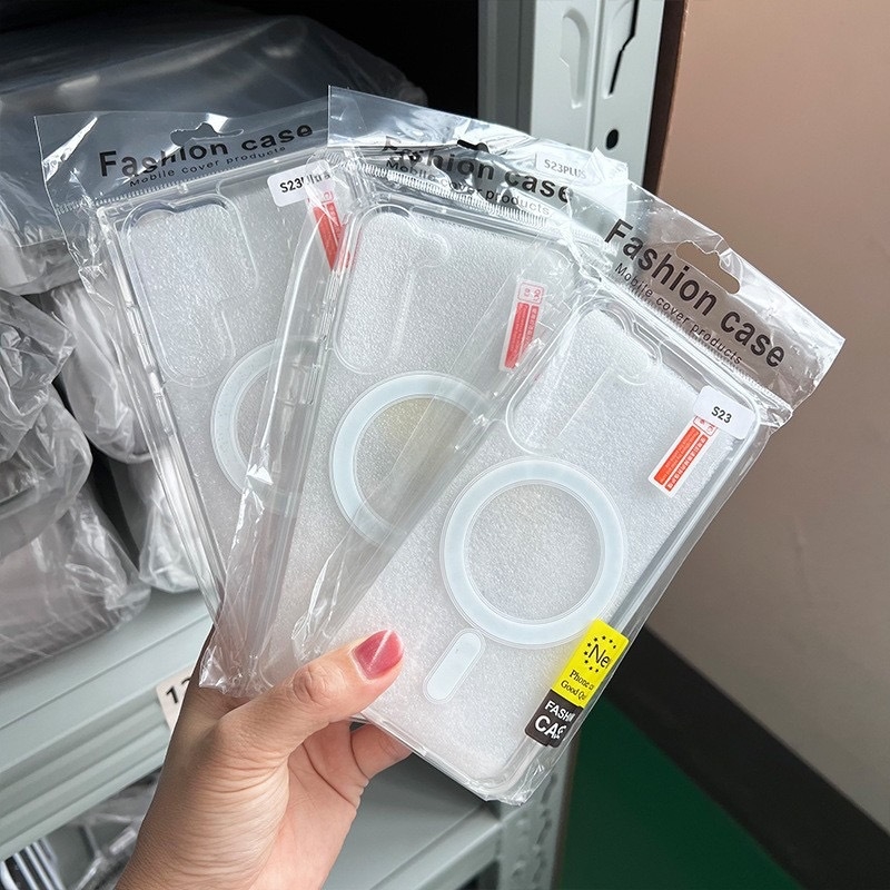 MagSafe dėklas Samsung S23/S22 Ultra, 2-in-1 akrilas+TPU, atsparus kritimui, skaidrus, su reljefu