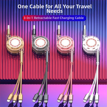 Разтегателен силиконов кабел за данни и зареждане с три конектора (Mini USB, Lightning и Type-C) – едно към три изхода, бързо зареждане.