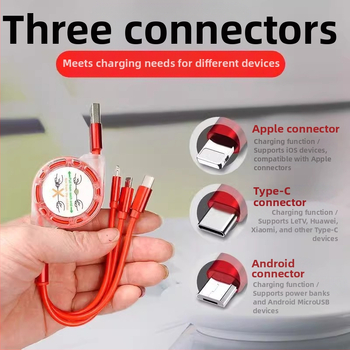 Разтегателен силиконов кабел за данни и зареждане с три конектора (Mini USB, Lightning и Type-C) – едно към три изхода, бързо зареждане.