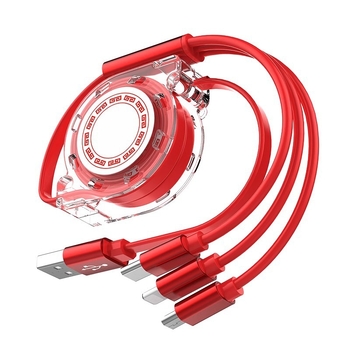 Разтегателен силиконов кабел за данни и зареждане с три конектора (Mini USB, Lightning и Type-C) – едно към три изхода, бързо зареждане.