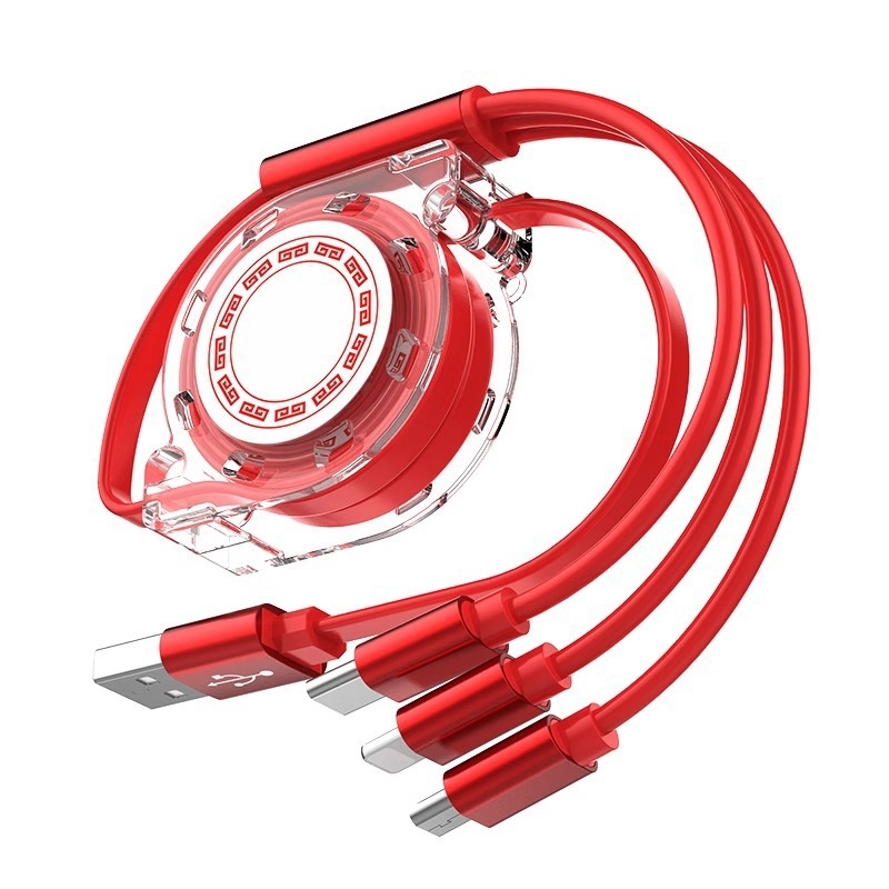 Vysúvací silikónový dátový kábel so tromi konektormi (Mini USB, Lightning, Type-C) – 1–3 výstupy, rýchlonabíjanie.