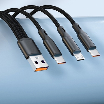 Найлонов подсилен кабел за данни 1 към 3 с бързо зареждане 6A, Lightning/Micro USB/Type-C