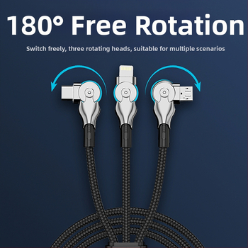 Три в едно въртящ се кабел за данни с Lightning, USB-C и Micro-USB конектори — плетен кабел за бързо зареждане
