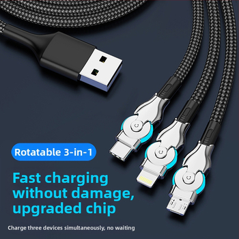 Три в едно въртящ се кабел за данни с Lightning, USB-C и Micro-USB конектори — плетен кабел за бързо зареждане