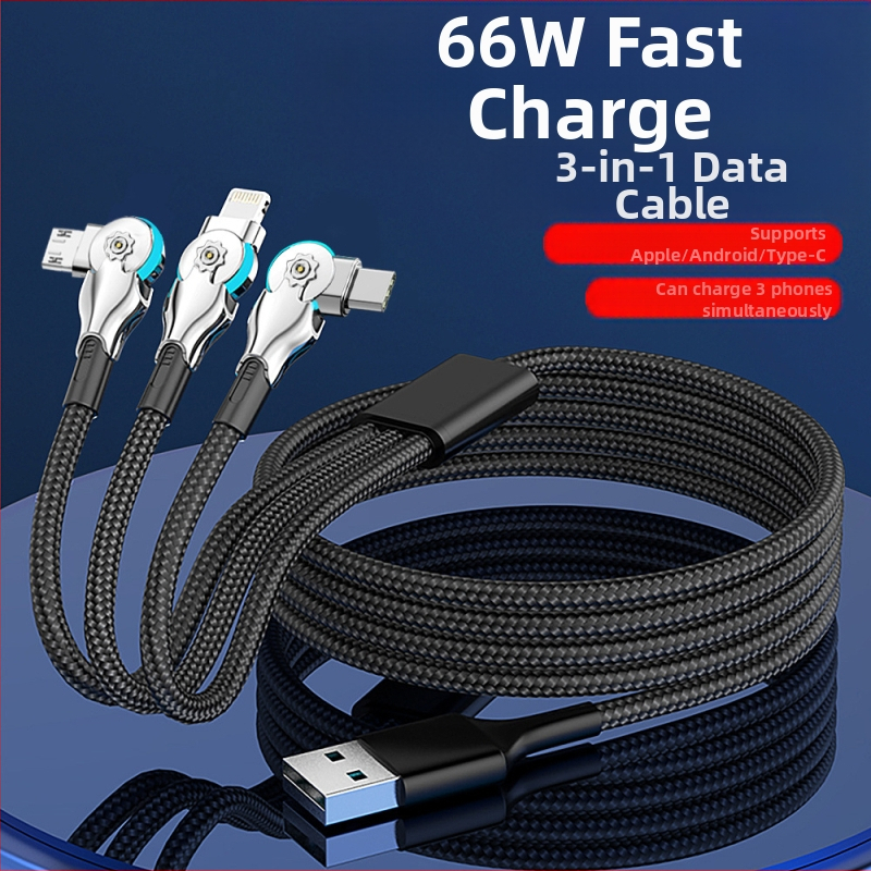 Три в едно въртящ се кабел за данни с Lightning, USB-C и Micro-USB конектори — плетен кабел за бързо зареждане