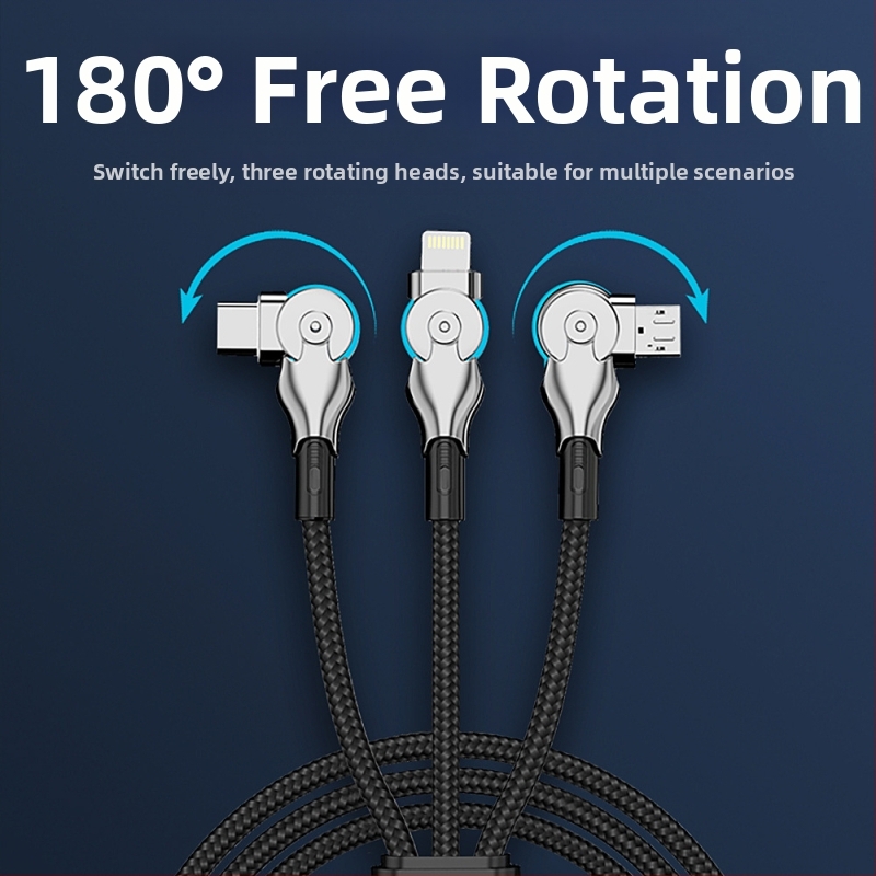 3-v-1 otáčavý dátový kábel s rýchlym nabíjaním: Lightning, Micro USB a USB-C, dĺžka 1-2 m, pletený, čierny