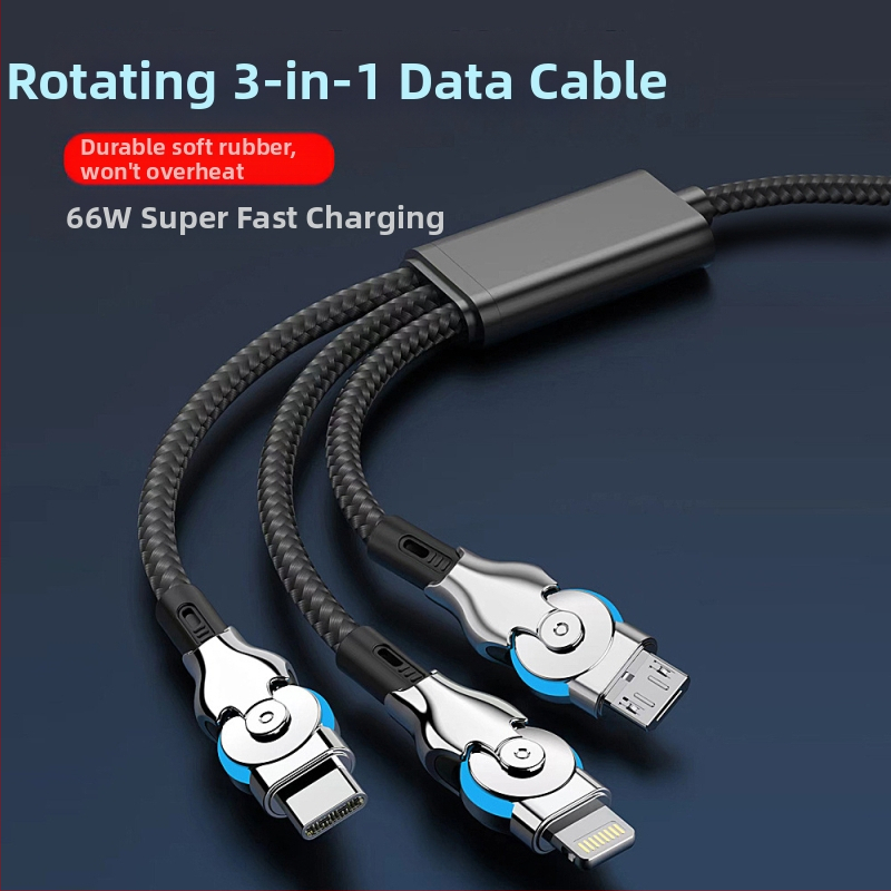 3-v-1 otáčavý dátový kábel s rýchlym nabíjaním: Lightning, Micro USB a USB-C, dĺžka 1-2 m, pletený, čierny