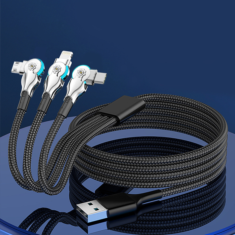 Три в едно въртящ се кабел за данни с Lightning, USB-C и Micro-USB конектори — плетен кабел за бързо зареждане