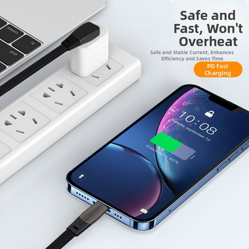 USB-C automobiliui kabelis su dviem kištukais, plokščiu laidu, greita įkrova