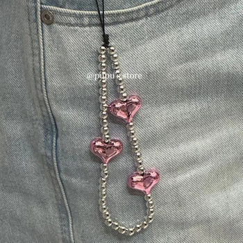 Висяща висулка за мобилен телефон – сърцевидна форма, ръчно изработена от мъниста, пластмасова, декоративен аксесоар