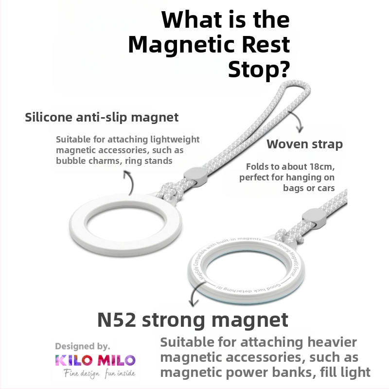 KILO MILO MagSafe магнитна стойка и пръстен за закачване на чанта, прозрачен дизайн, пластмасов материал, общ стил