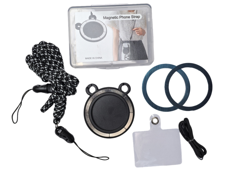 Lanac za telefon s magnetskim brzim otpuštanjem i rotirajućim kukama; materijal: magnet + ABS; nosivost: 5 kg; težina: 64,5 g; kompatibilan s iPhone 16 i Huawei.
