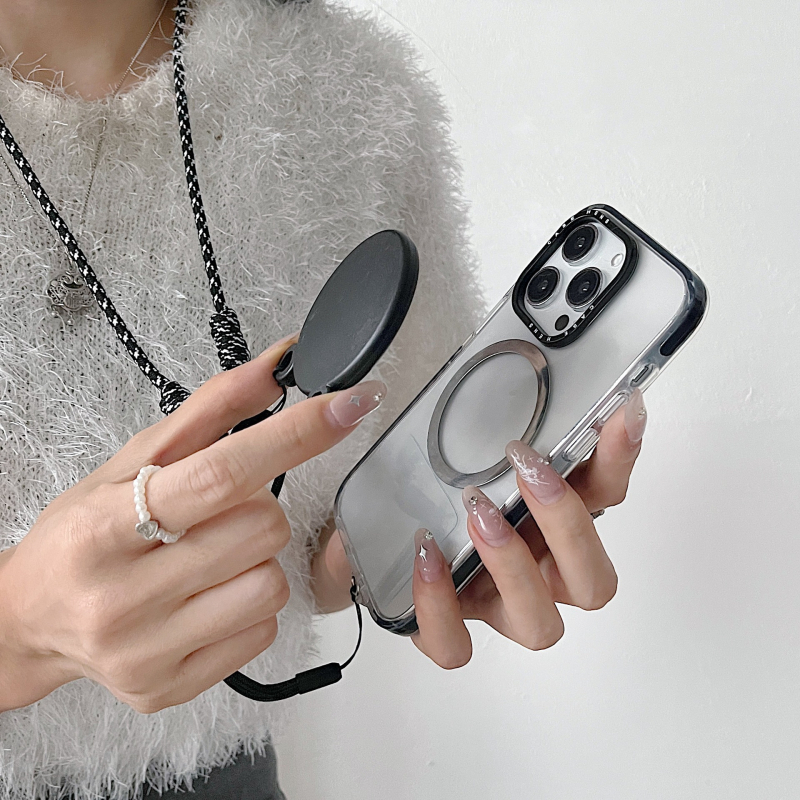 Lanac za telefon s magnetskim brzim otpuštanjem i rotirajućim kukama; materijal: magnet + ABS; nosivost: 5 kg; težina: 64,5 g; kompatibilan s iPhone 16 i Huawei.