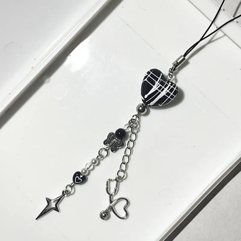 Șnur de telefon din mărgele, lucrat manual, cu inimă | Material: Plastic/Rășină | Stil: dulce, ornament pentru geantă | Model: Dragoste, Picături de apă, clopot | Lansare vară 2024