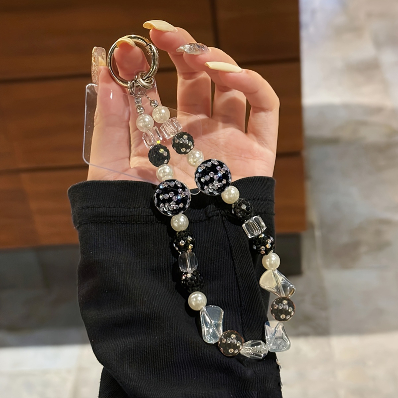Lanyard pentru telefon unisex cu mărgele și strasuri, realizat manual, material plastic, șnur din nailon, cataramă metalică