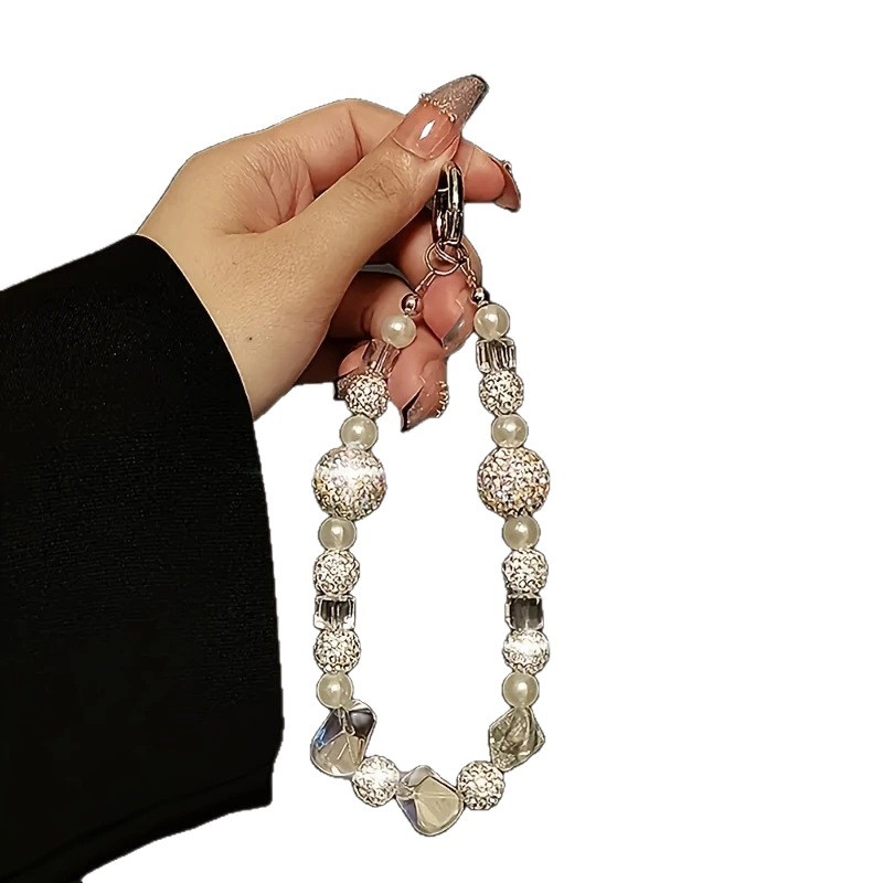 Lanyard pentru telefon unisex cu mărgele și strasuri, realizat manual, material plastic, șnur din nailon, cataramă metalică