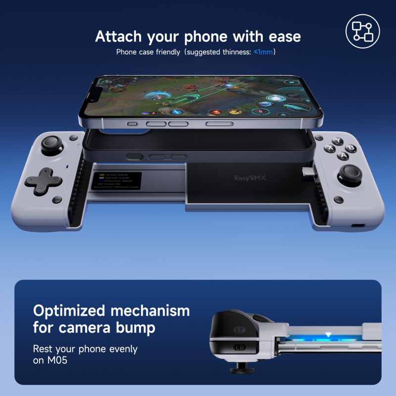 EasySMX M05 ελεγκτής παιχνιδιών για κινητά Type-C ενσύρματο και Bluetooth διπλής λειτουργίας • turbo burst, καταγραφή μακροεντολών και αντιστοίχιση Back πλήκτρου • συμβατός με Android και iPhone