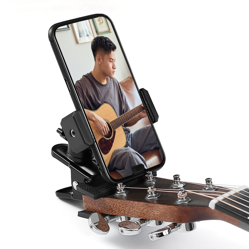 Στήριγμα τηλεφώνου για κιθάρα και ουκουλέλε — κάθετος κλιπ, περιστρεφόμενος, καθολική συμβατότητα με μουσικά όργανα