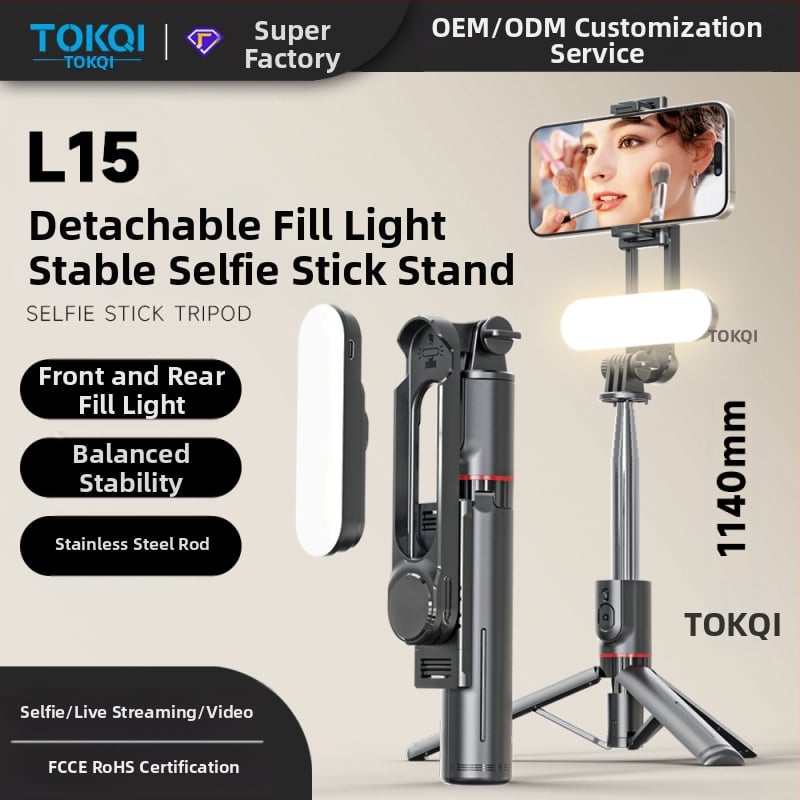 L15 Atjungiamas grožio šviesos selfių lazda, nerūdijančio plieno, išsiplečiantis trikojis stovas, Bluetooth nuotolinio valdymo pultelis