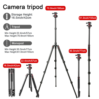 Kameras statīvs, 4 sekciju alumīnija sakausējums, sfēriska pan-tilt galva, ātrās atbrīvošanas plāksne, svars 1,4 kg