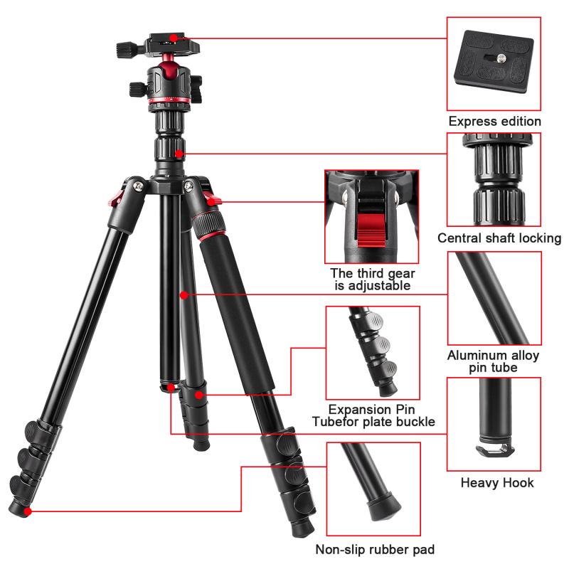 Kameras statīvs, 4 sekciju alumīnija sakausējums, sfēriska pan-tilt galva, ātrās atbrīvošanas plāksne, svars 1,4 kg