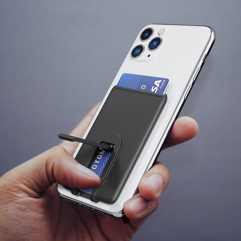 Silicon telefono dėklas su kortelių laikikliu ir stovu – unisex, atskiras įpakavimas, karšto presavimo procesas